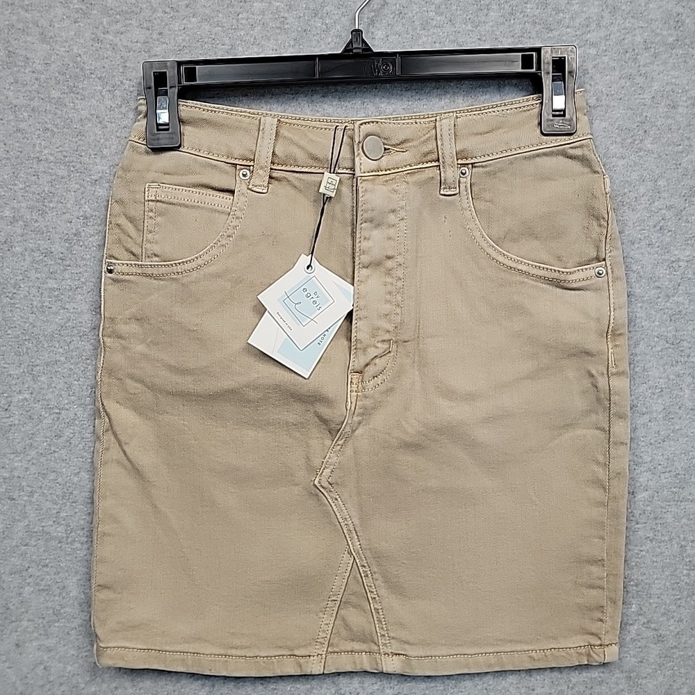 By Egreis Denim Skirt Small NWT Beige High Waist Mini Fitted Designer Runs Small